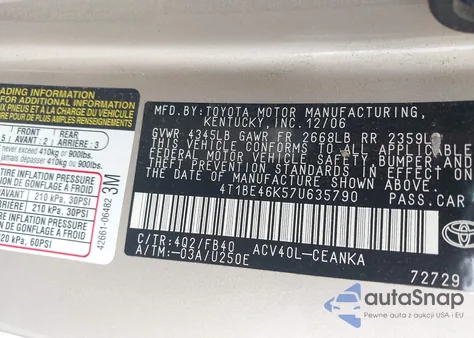 2007 Toyota Camry Le from USA, damaged, VIN 4T1BE46K57U635790